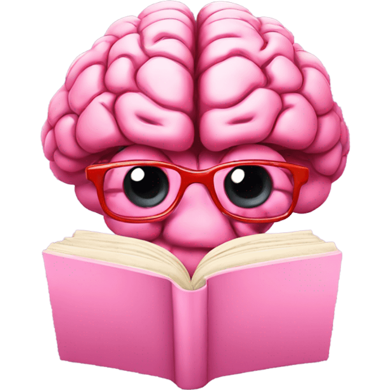 Pink brain with red glasses reading a book emoji