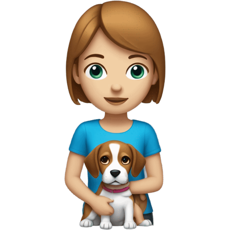 girl with brown short hair and blue eyes holding a beagle emoji