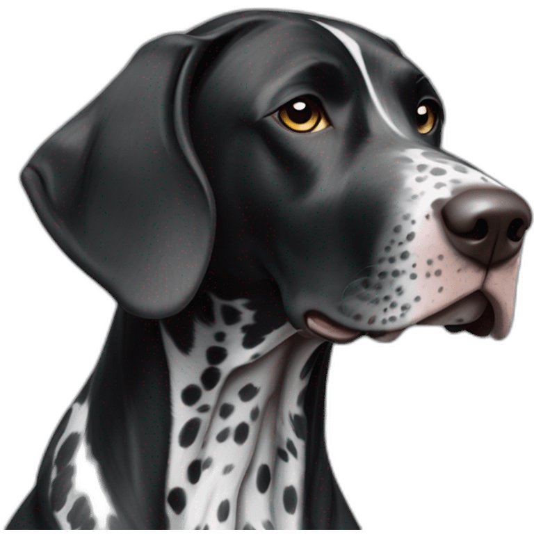 black german shorthair pointer, long snout, full black head, without white on the head, with white hair on the snout, black and white spotted body emoji