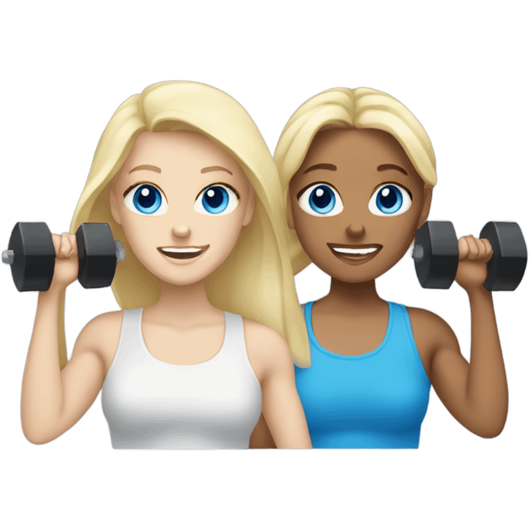 Two white blonde girls with blue eyes lifting weights together emoji