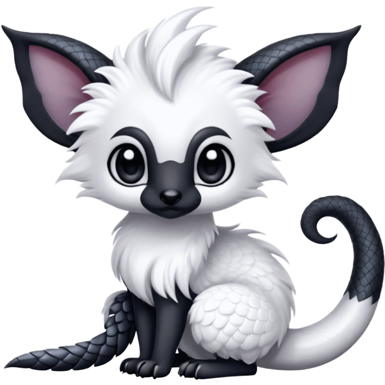 Fantasy-fantasy creature, black ears, no Scapha, black long scaly tail, big eyes, black eyes, white fur, black claws, cute, adorable emoji