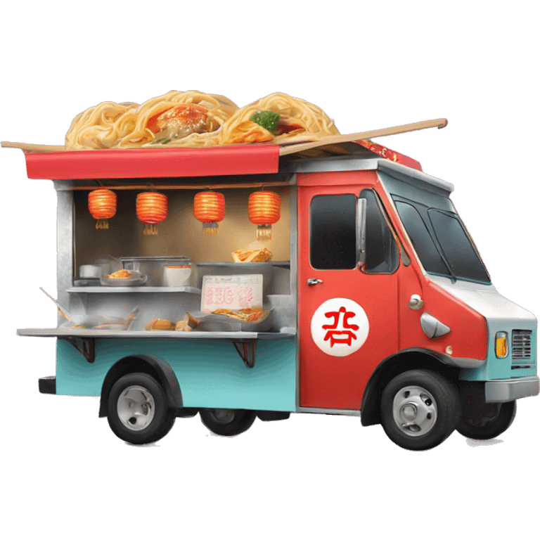 A food truck selling ramen is decorated with Japanese signs and lanterns emoji