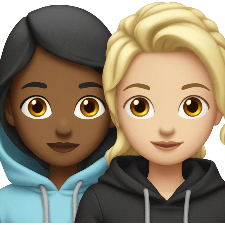 Blonde girl wearing light blue hoodie hugging black haired girl wearing black hoodie emoji