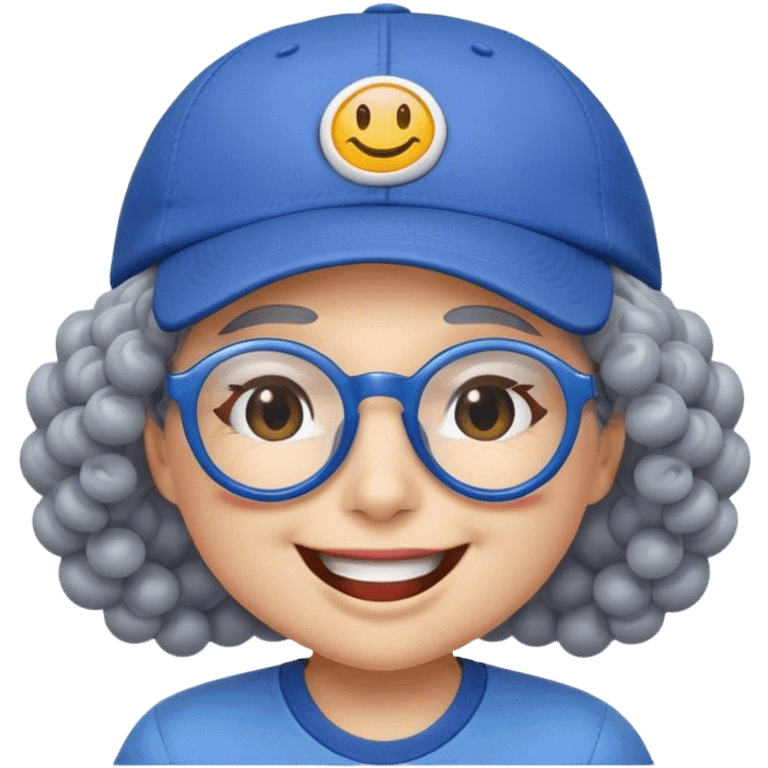 yellow female smiley face emoji, big smile, winking, wearing a blue ballcap backwards, grey curly hair, glasses, no eye color, face only emoji