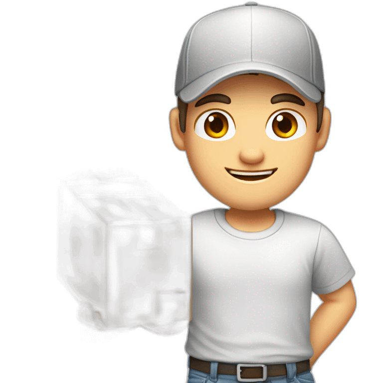 Pale skinned fit Man with dark brown hair in a white cap, gray jeans and gray polo T-shirt keeping a pasted box into his hands emoji