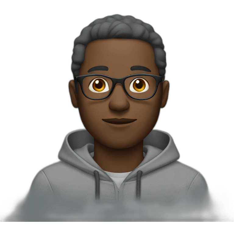 Black man wearing a grey hoodie with glasses emoji