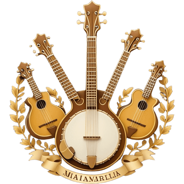 Design a complex, festive, and professional emblem-like emoji representing plucked string instruments. The composition should resemble a heraldic crest, featuring iconic instruments like a banjo, mandolin, domra, and sitar, artistically arranged in a balanced and symmetrical layout. The necks of the instruments should extend upward, intertwining with a flowing ribbon of musical notes, which weaves elegantly around the strings and headstocks. The design should incorporate intricate details, such as carved patterns on the instruments and decorative fretboards, while maintaining clarity and recognizability. Use a rich and celebratory color palette with gold, deep brown, and vibrant accents, adding subtle highlights and shadows for a polished, three-dimensional look. Include ornate elements like laurels, swirls, or subtle engraving to enhance the emblematic feel. The background should be transparent to highlight the composition as a standalone emblem. emoji