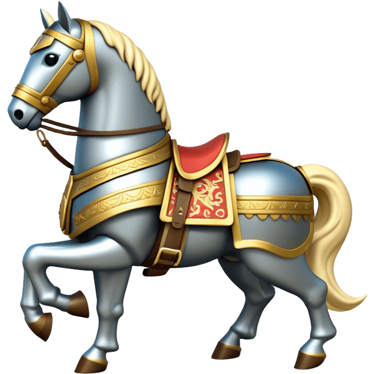 Clash of Clans aesthetic: Cinematic Playful Armored Horse Emoji, rendered in a 3D vector-style similar to standard emojis with minimal shading and bold, simplified shapes. A compact, isometric warhorse outfitted in intricately detailed armor with noble accents, softly glowing with a gallant medieval carriage charm. Simplified yet unmistakably iconic, highly detailed and consistent, glowing with a soft radiant shine and high polish. Stylized with a touch of heroic elegance and a soft glowing outline, capturing the essence of a noble steed ready for battle with a friendly, playful air! emoji