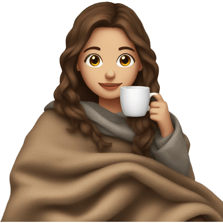 Brown hair Girl drinking coffee, with a cozy blanket emoji