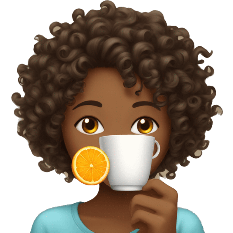 Curly girl drinks tea and orange sweeter  emoji