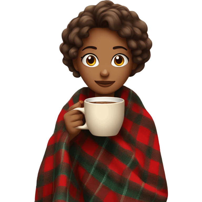 Beautiful girl wrapped in cozy plaid blanket drinking coffee emoji