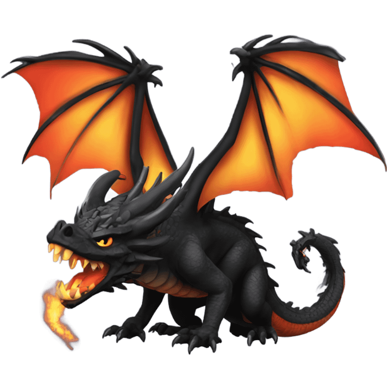 Design a black winged dragon with sharp and evil features, breathing fire. emoji