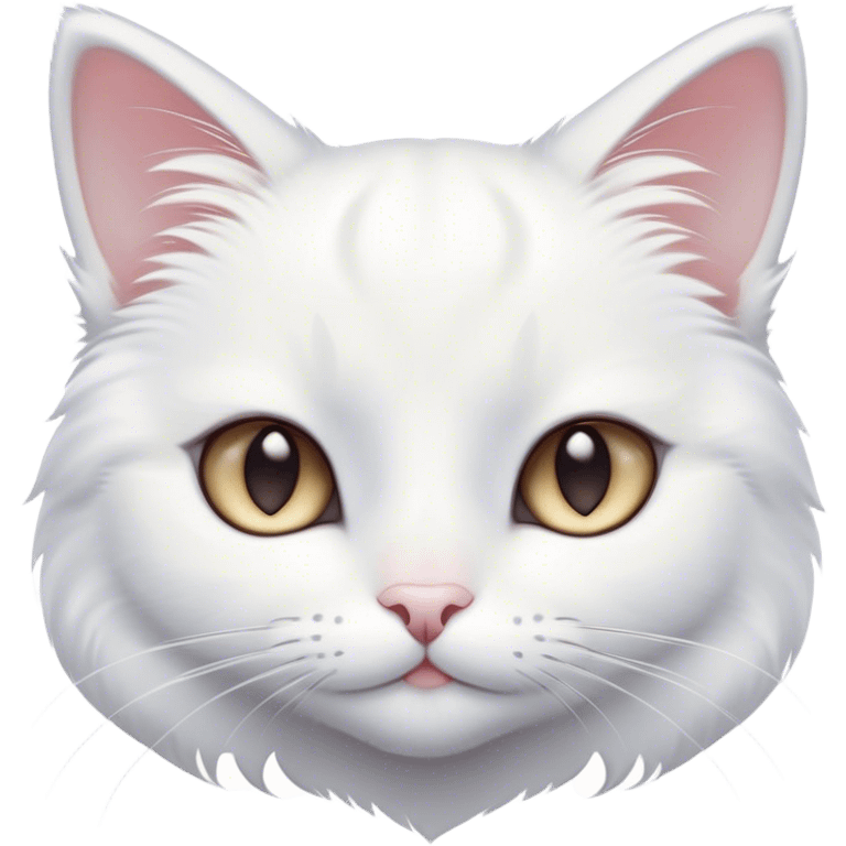 Cinematic Cute White Cat Portrait Emoji, Head tilted with a soft, gentle smile and sparkling eyes, featuring a silky, pristine white fur with subtle silver highlights, simplified yet irresistibly adorable, highly detailed, glowing with a warm, snowy glow, high shine, radiating affectionate charm and tender grace, styled with a light, playful outline, capturing the essence of a cute white cat that looks as if it could melt your heart with a single blink! emoji