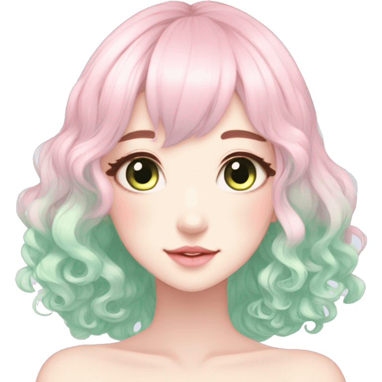 Gorgeous Beautiful Blushing Petite Pastel-Fairy-Anime-Green-Pastel-Girl with beautiful gradient pastel hair aesthetic emoji