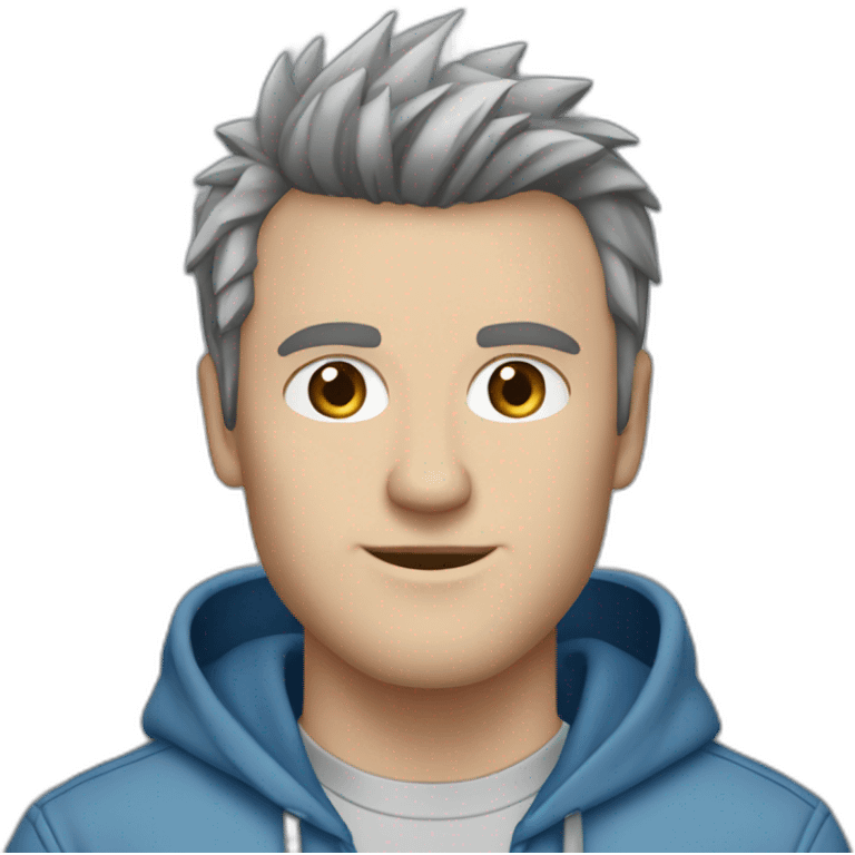 white male adult, Dark Brown Spikey Hair, Blue Eyes, Grey Hoodie, Blue Jeans, Converse shoes emoji