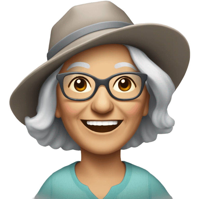 smiling younger grandma with hat and sunglasses , longer grey hair outdoors with a donkey emoji