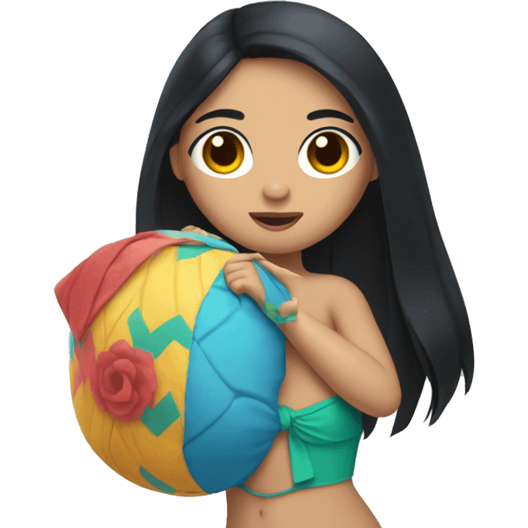 A Filipino woman with long black hair, big eyes, fair skin, wearing a swimsuit and holding stitch emoji