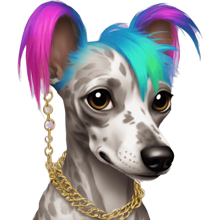 Punk Chinese crested dog neon rainbow hair gold chain piercings tattoos ear piercings emoji