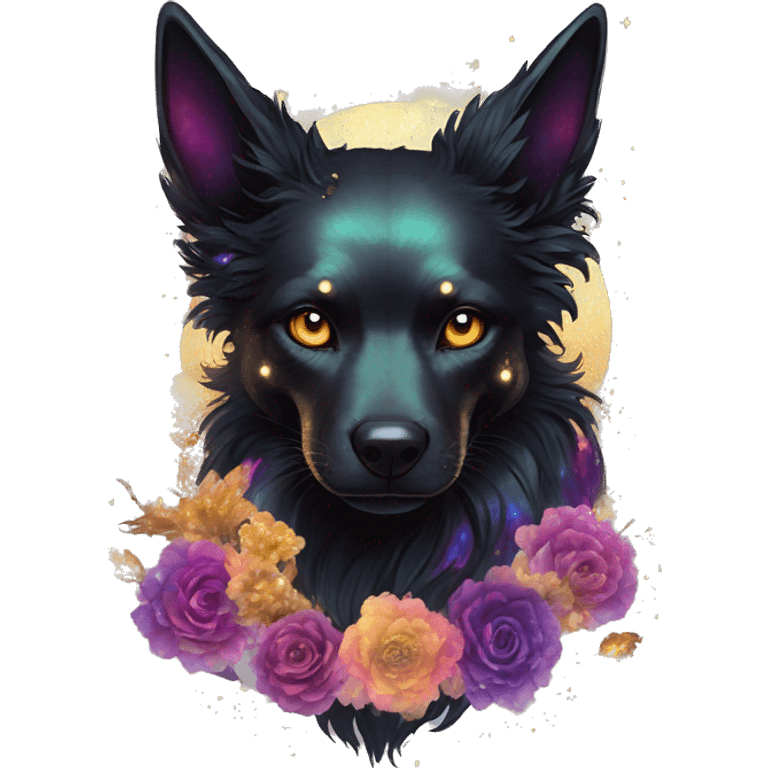 Black iridescent fluffy dog fox head skull zombie skull skeleton gold mechanical steampunk raven wings nebula galaxy stars colorful flowers fairy lights vintage emoji