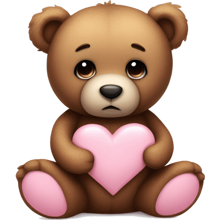 Teddy bear with sad eyes holding a pastel pink heart emoji