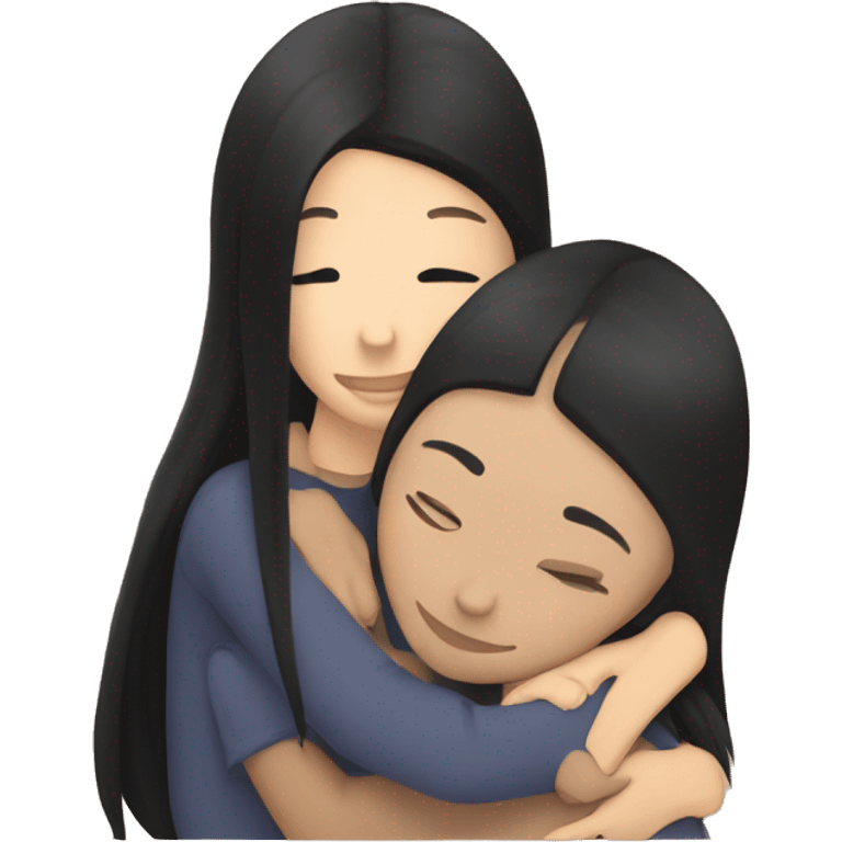 Lesbian with long black hair and white skin hugging her girlfriend from behind emoji