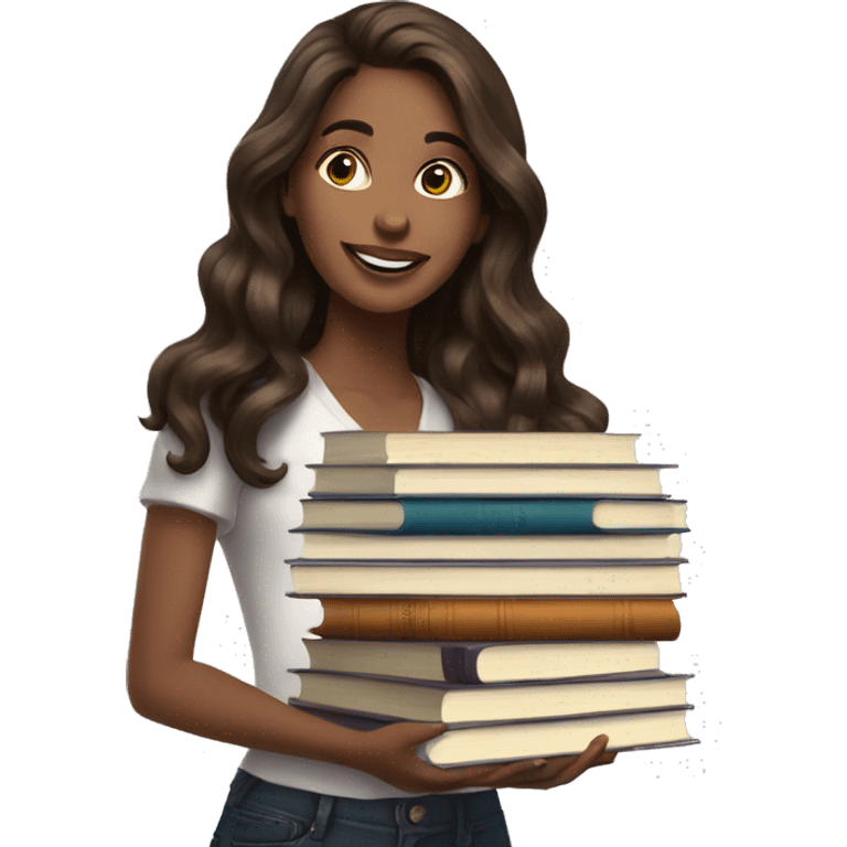 brunette long wavy hair highlights woman while holding large stack of books emoji