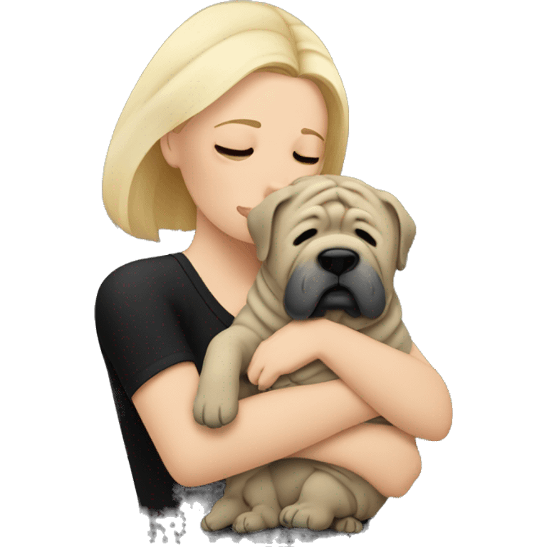 Blonde woman in black top crying and cuddling grey Shar Pei  emoji