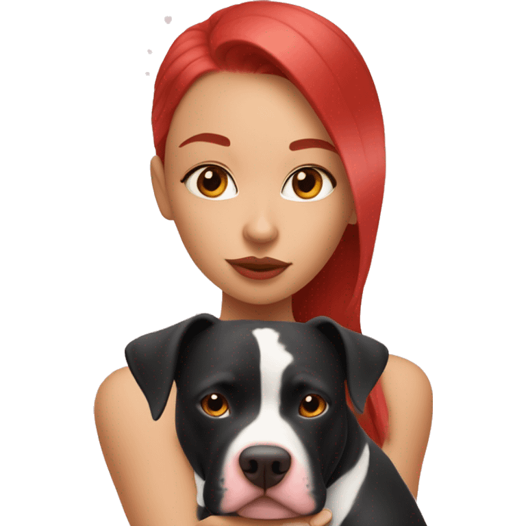 Girl with red hair kissing big black pitbull dog, pink hearts emoji