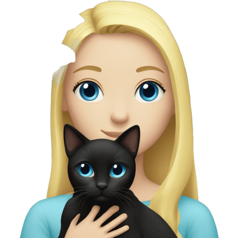 Blonde blue eyed girl with 2 black cats and houseplant emoji