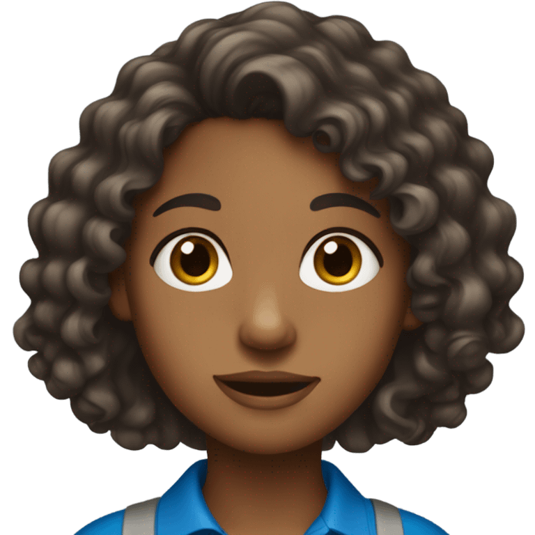 Brown girl wearing blue polo with long curly hair emoji