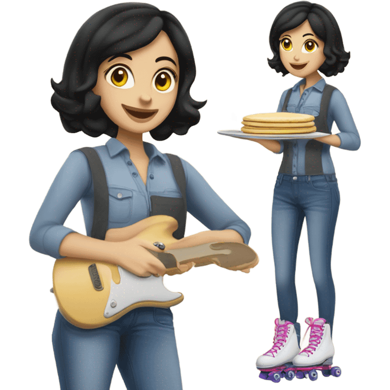 Caucasian woman with black hair wearing jeans on roller skates cooking pancakes emoji