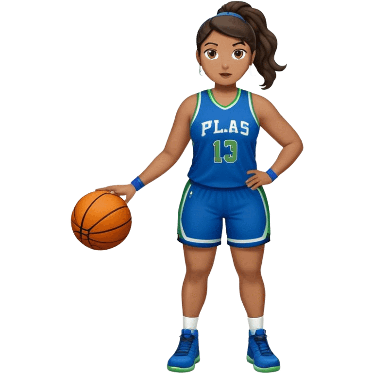 full body plus size  latino women basketball player with wavy dark hair in pony tail wide nose wearing blue uniform with green accent emoji