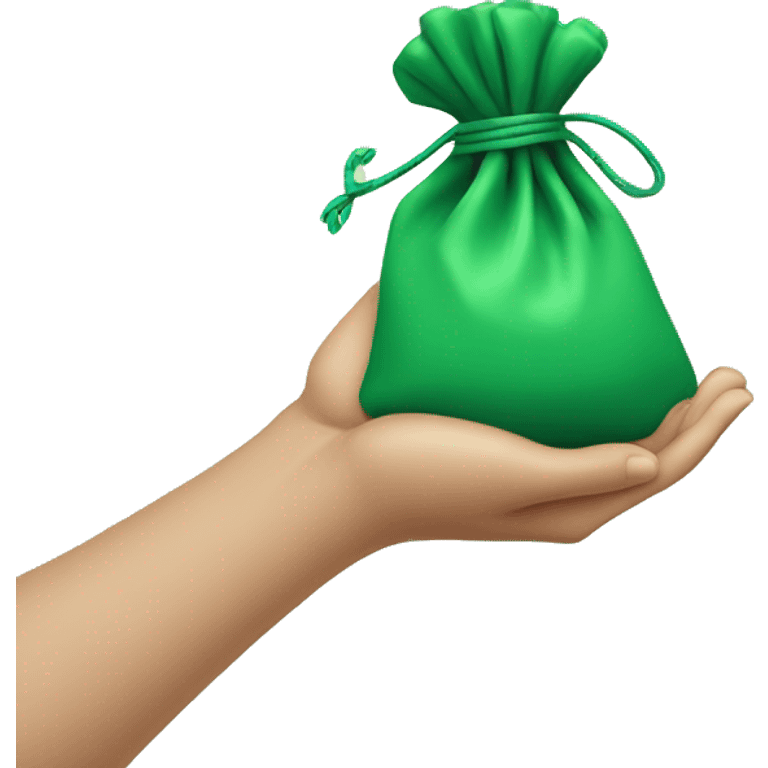 hand holding up a green pouch tied with light green string emoji