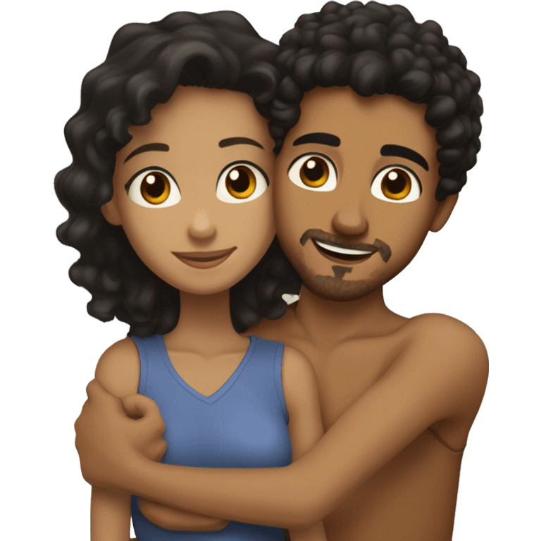 Girl with black hair, hazel eyes and tan skin hugging a boy with tan skin, brown curly hair, brown eyes and goatee emoji