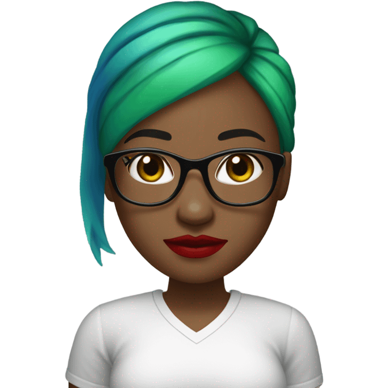 A bald black woman with glasses woman in a white tee shirt with red, black, and green flag in one hand with blue lipstick. emoji