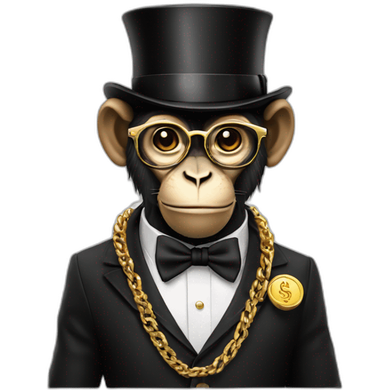 a rich monkey wearing a siut and top hat with dollar sign glasses and a gold chain emoji