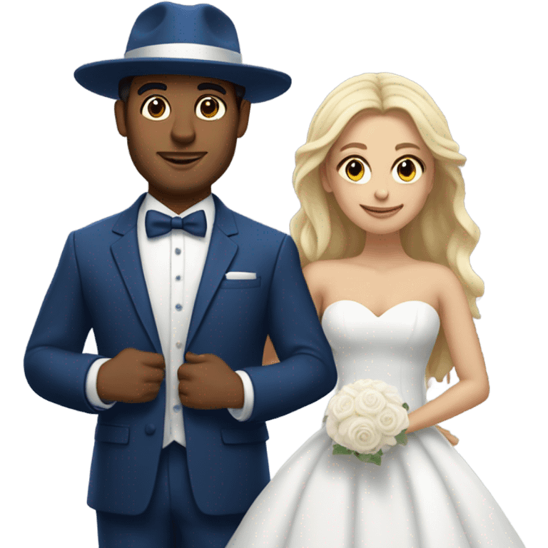 Puerto rican beard short hair with blue hat and navy blue suit getting Married with blond long hair girl with white  wedding dress  emoji