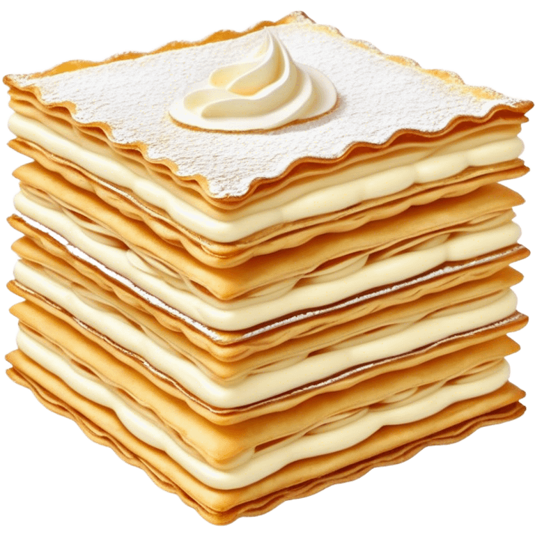 Cinematic delicate mille-feuille, thin crispy pastry layers filled with smooth vanilla cream, dusted with powdered sugar, elegant presentation, highly detailed and sophisticated. emoji