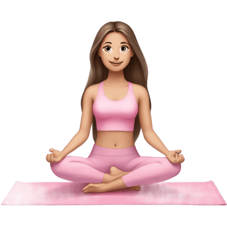 Brunette long hair and blue eyes yoga beautiful girl in light pink pink pink clothes sitting on a yoga mat emoji