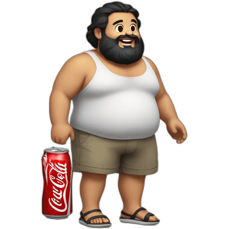 fat man in shorts and flip flops, black hair and beard holding a bottle of Coca-Cola emoji