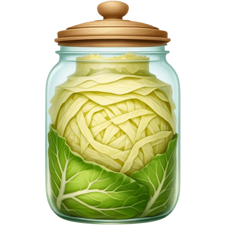 Sauerkraut Cinematic Realistic Sauerkraut Dish Emoji, depicted as tangy fermented cabbage neatly served in a traditional jar, rendered with vibrant textures and crisp, natural lighting. emoji