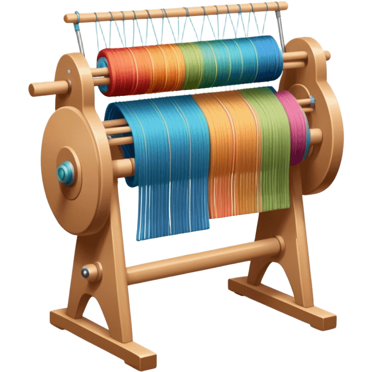 Weaving icon, loom with colorful fabric being woven, visible shuttle, spools of yarn, fabric swatches, sewing patterns, and finished clothing items, minimalistic style, clean lines, transparent background. emoji