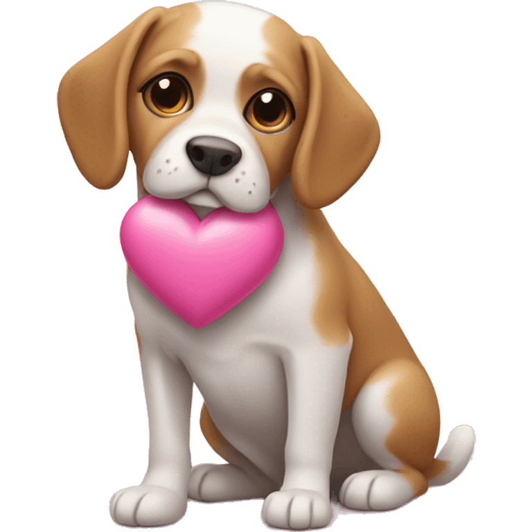 Dog holding a pink heart emoji