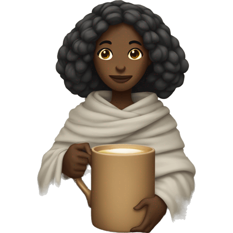 black girl wrapped in a banket with a mug in her hand emoji