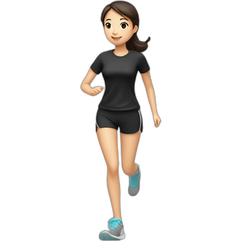 asian girl，jogging，black shirt and shorts，full body，side view emoji