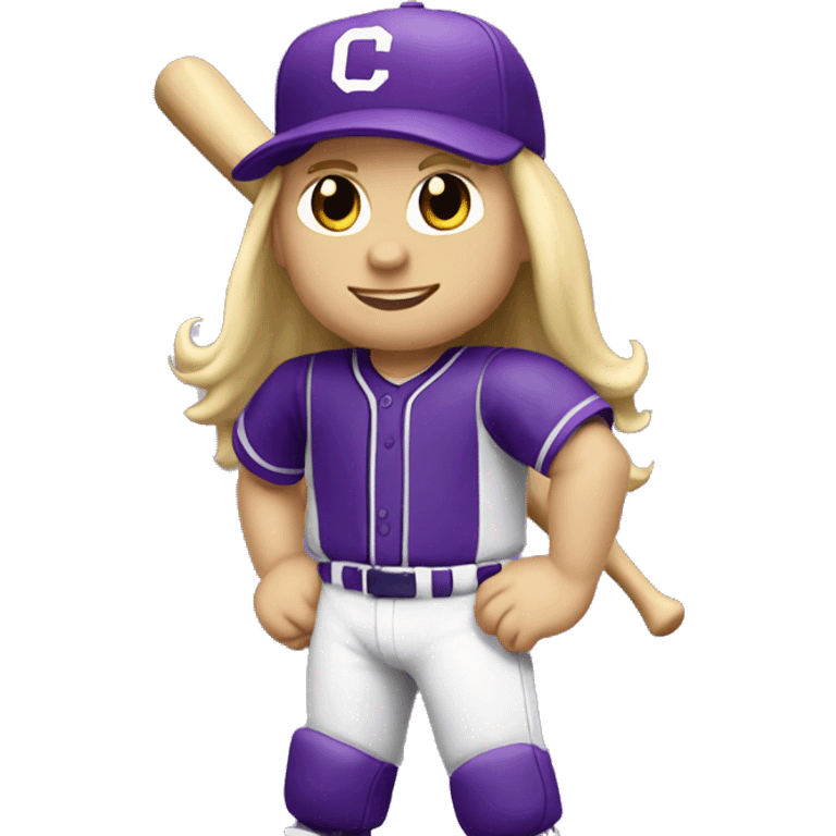 baseball card character. Blonde long straight hair. letter C logo. Purple and white uniform. emoji