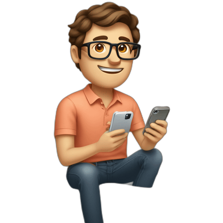 man with brown hair, octagonal glasses, and salmon colored shirt sitting on the toilet, holding both a phone and a cocktail. Sitting on the toilet in the bathroom emoji