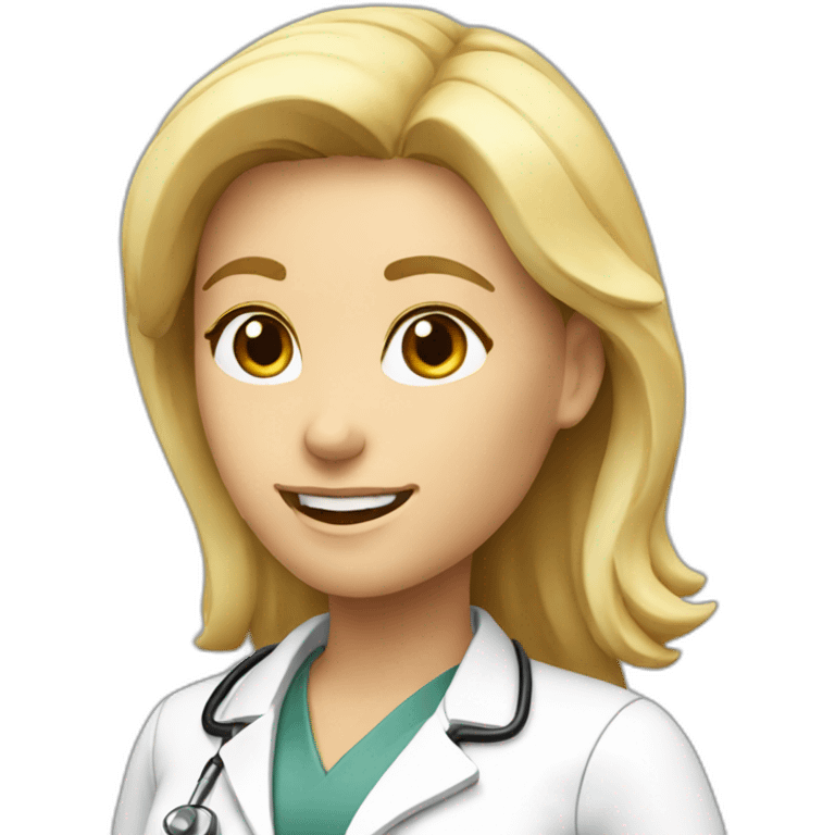 A blonde female doctor face, happy, oblique view emoji