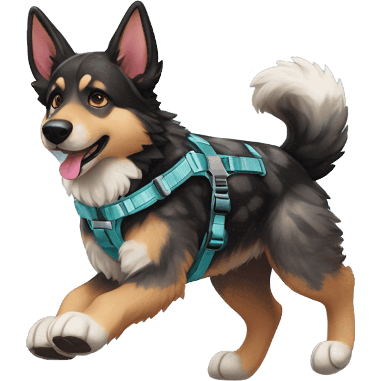  Black spotted brindle German shepherd husky fluffy ears and holographic harness running emoji