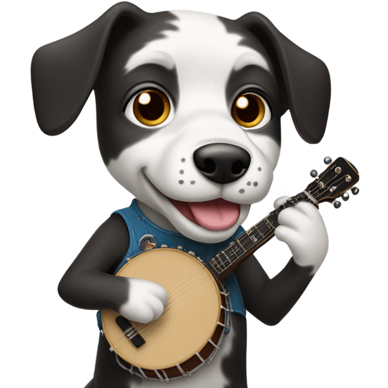 Black and white dog playing banjo emoji